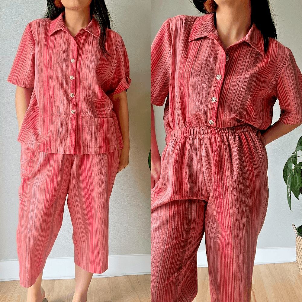 vtg 90s day set‎ short sleeve button down shirt short pants orange 12 14 Large